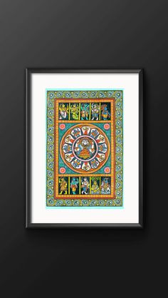 a framed painting on the wall with an ornate design in blue, orange and yellow