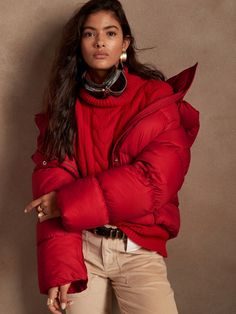 Water-Repellent Puffer Jacket | Banana Republic Puffer Jacket Photoshoot, Red Winter Jacket Outfit, Red Puffer Outfit, Red Puffer Jacket Outfit, Hoodie Poses, Yellow Puffer Jacket, Red Puffer Coat, Puffer Jacket Outfit, Red Puffer Jacket