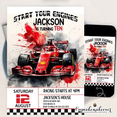 a red race car is on display next to an iphone with the words start your engines jackson is turning ten