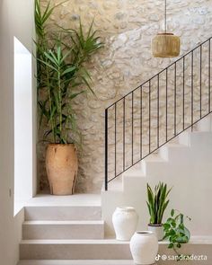 two planters are sitting on the stairs