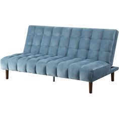 a blue futon sofa with wooden legs