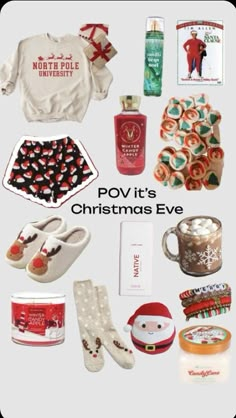 various items are arranged in the shape of a collage with text that reads pov it's christmas eve