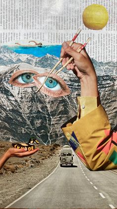 a collage of two people holding sticks and an eye with mountains in the background