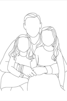 a black and white line drawing of two children holding their mother's hand while she sits on her lap