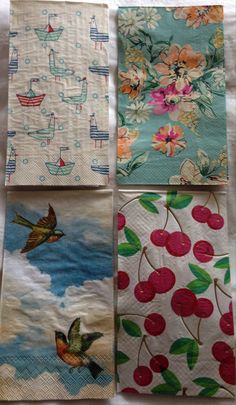 four napkins with birds and flowers on them