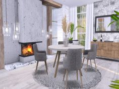 a living room with a fire place in the center and chairs around it on top of a rug