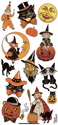 halloween stickers with witches and pumpkins