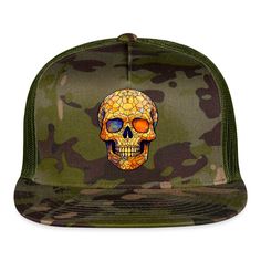 Trucker Hat, 47% Cotton/28% Nylon/25% Polyester | Brand: Yupoong Casual Snapback Baseball Cap With Skull Print, Casual Skull Print Snapback Baseball Cap, Green Military Baseball Cap With Flat Bill, Green Military Style Baseball Cap With Flat Bill, Casual Adjustable Trucker Hat With Skull Design, Green Military Style Snapback Baseball Cap, Green Trucker Baseball Cap For Sports, Green Military Snapback Baseball Cap, Military Style Green Snapback Baseball Cap