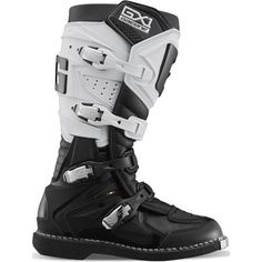 a pair of black and white ski boots