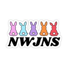 sticker with the words nwns written in different colors and rabbits on it's side