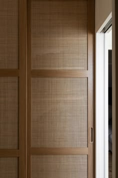 a wooden door with some blinds on the inside and side panels that are made out of wood