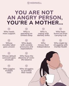 a woman sitting at a table with a cup of coffee in front of her and the words you are not an angry person, you'rea mother