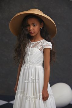 3046 Bohemian Flower Girl Dress, Bohemian Flower Girl, Girls Couture Dresses, Boho Flower Girl, Girls Lace Dress, First Communion Dress, Girls Couture, First Communion Dresses, Baptism Dress