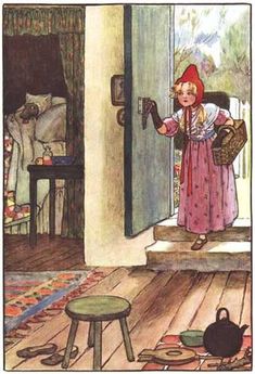 the little red riding hood is coming out of the door