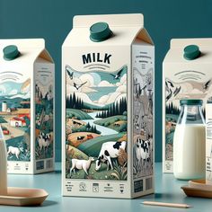 three milk cartons with cows and farm scenes on them, next to a wooden spoon