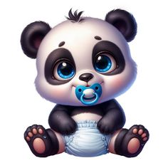 a cartoon panda bear with blue eyes and diaper sitting on the ground, wearing a pacifier in its mouth