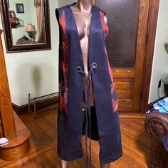 Sleeveless Long Vest With Tie Front Long Vest Pattern, Black Fur Vest, Vest Layering, Sleeveless Duster, Faux Leather Vest, Sleeveless Coat, Hoodie Vest, Long Vest, Blue Vests