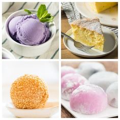 four different desserts are shown in this collage, including cake and ice cream