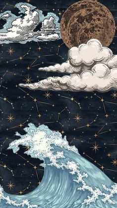 an image of the ocean with clouds and stars