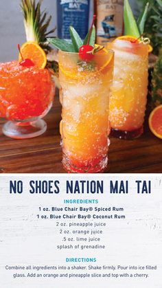 the menu for no shoes nation mai tai, with pineapples and orange slices