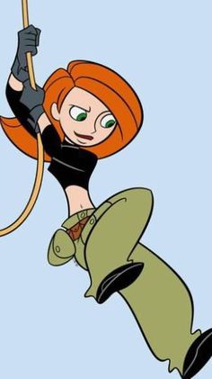 a cartoon girl with red hair and green pants is suspended from a rope in the air