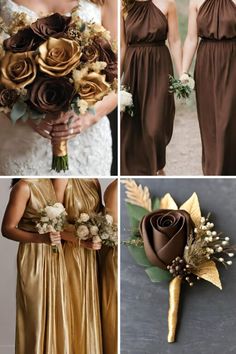 the bridesmaids are wearing gold dresses and holding bouquets with brown flowers on them