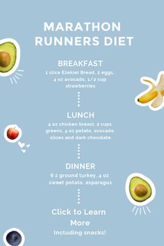 the marathon runner's diet is shown on a blue background with an avocado and