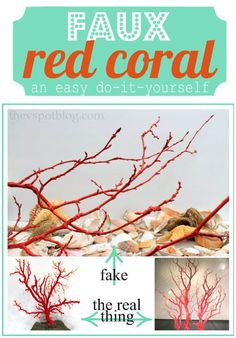 fake red corals are displayed in front of a white background with an arrow pointing to the