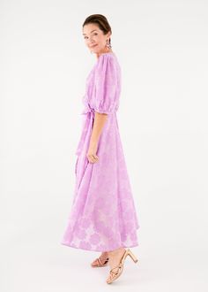 Accented with subtly puffed sleeves that gather at the cuff, our Diane Wrap Dress in this floral burnout chiffon will take you from weddings to dinner parties all season. This ethereal wrap comes complete with a solid slip in a matching color -- throw the slip on first, then secure the inside and outside ties on the dress. With a slight high-low hemline and flattering cut, this dress takes a classic wrap dress to the next level Sizing: Classic fit. We recommend ordering your true size. Make: Wra Lavender Sunflower, Dress Lavender, First Then, How To Measure Yourself, Puffed Sleeves, Dinner Parties, Color Matching, Dinner Party, High & Low