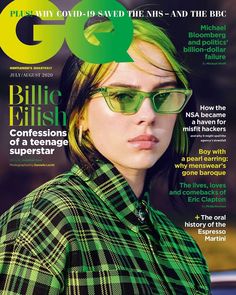 the cover of gq magazine featuring a woman with green hair and glasses on her face