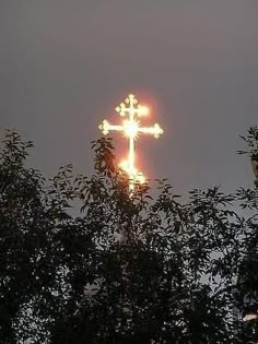 a cross is seen through the branches of trees at night in front of a cloudy sky