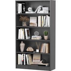 a book shelf with many books on top of it and some plants in the corner