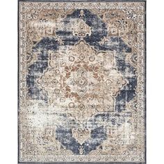 an area rug with blue, beige and brown colors on it's edges is featured in this image