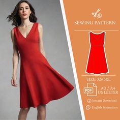 a woman in a red dress with the sewing pattern