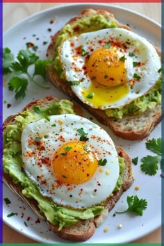 two eggs on toast with avocado and parsley sprinkled on top