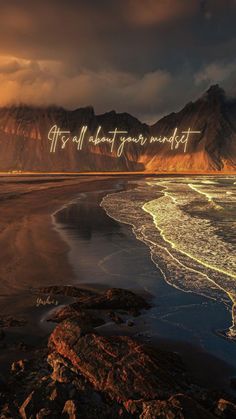 an image of the ocean and mountains with words written on it that read, let us all take your moment