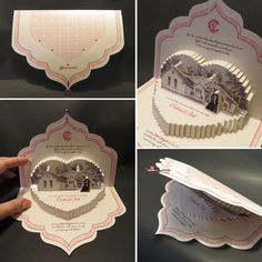 four different views of the inside of a wedding card with an open envelope and two folded cards