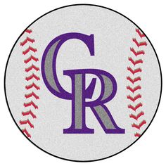 a baseball with the letter r on it in purple and red stitching is shown