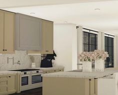 an artist's rendering of a kitchen with beige cabinets and marble counter tops, along with flowers in vases on the island