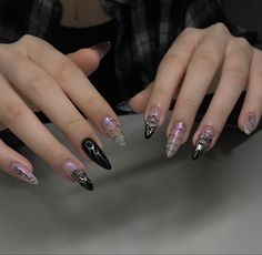 Gothic Almond Nails, Black Rhinestone Nails, Pleasing Nails, Vday Nails, Blush Nails