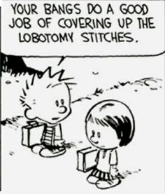 a cartoon strip with an image of two children talking to each other and the caption says, your bangs do a good job of covering up the lobotomy stitches