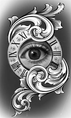 an artistic drawing of the eye and clock