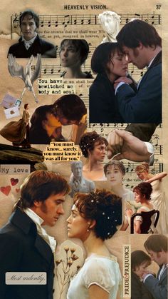 the collage shows many different images of people in formal clothing and clothes, with music notes