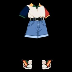 an image of a shirt and shorts with shoes on the bottom, in front of them