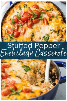 stuffed pepper enchilada casserole with cheese and tomatoes in a skillet