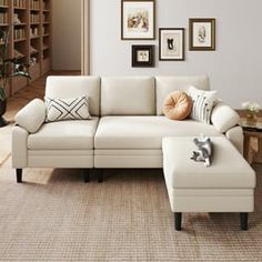 a living room filled with furniture and pictures on the wall next to bookshelves