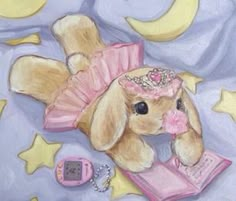 a painting of a dog wearing a tiara and holding a pink book with the moon in the background