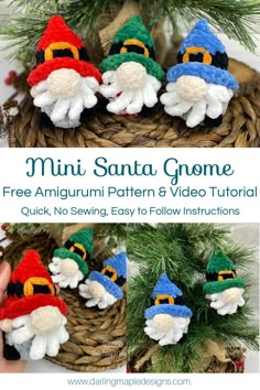 the mini santa gnomes are made with crochet and yarn