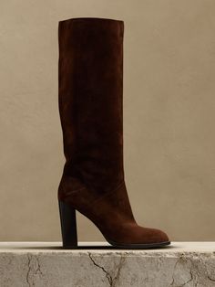 Lorca Suede Boot | Banana Republic Black Knee High Heel Boots, Brown Suede Boots Outfit, Suede Boots Outfit, Brown Thigh High Boots, Chocolate Brown Boots, Suede High Heel Boots, High Arches, Santa List, Scholarship Essay