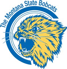 the montana state bobcats logo is shown in blue and yellow with an orange cat's head